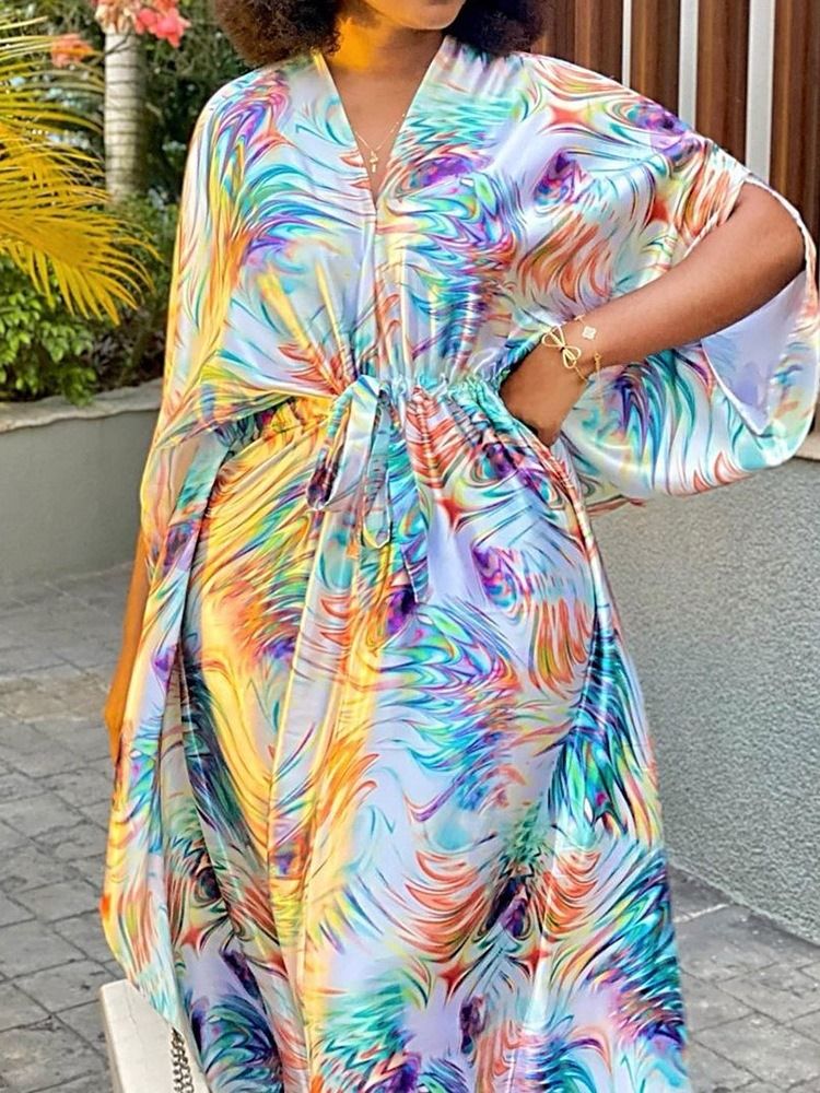 Vestido Feminino Com Decote Em V Estampado Até O Chão Para Verão