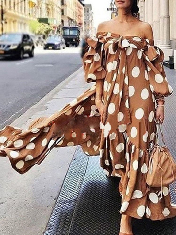 Vestido Feminino Com Estampa Até O Tornozelo E Sem Ombro Com Bolinhas De Verão