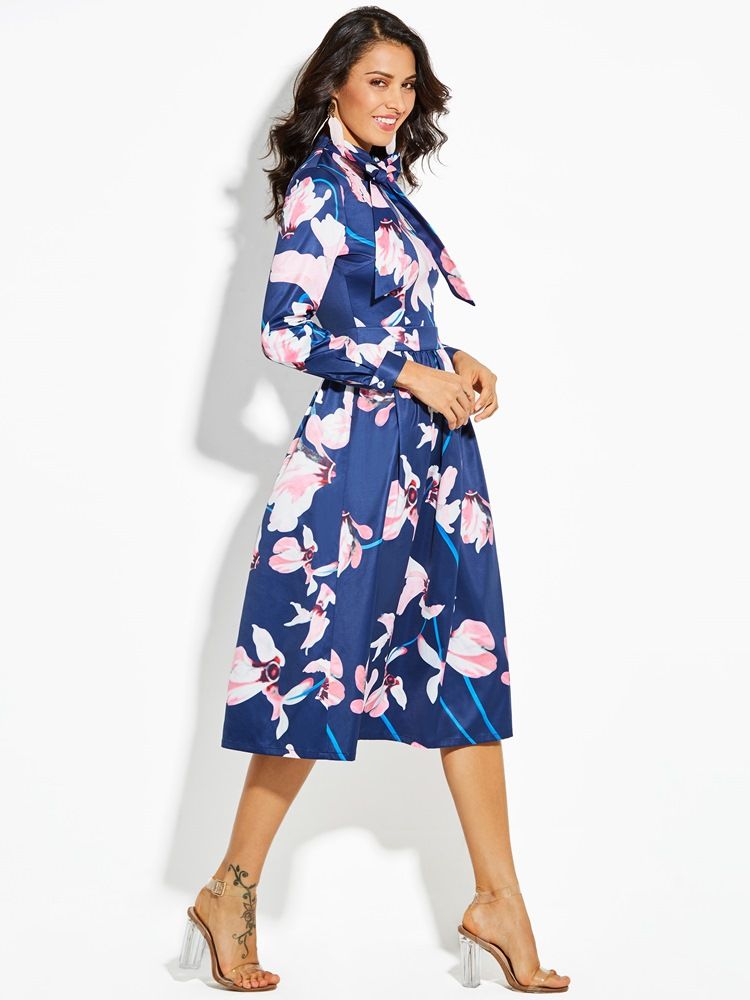 Vestido Feminino Com Estampa Floral Bowknot Manga Longa A Line