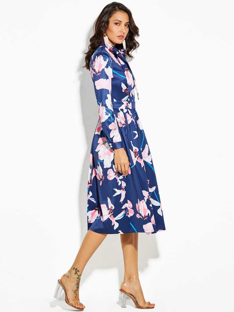 Vestido Feminino Com Estampa Floral Bowknot Manga Longa A Line