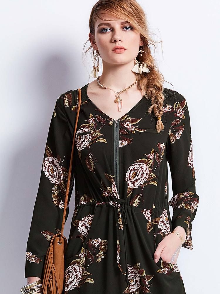 Vestido Feminino Com Estampa De Zíper Com Decote Em V