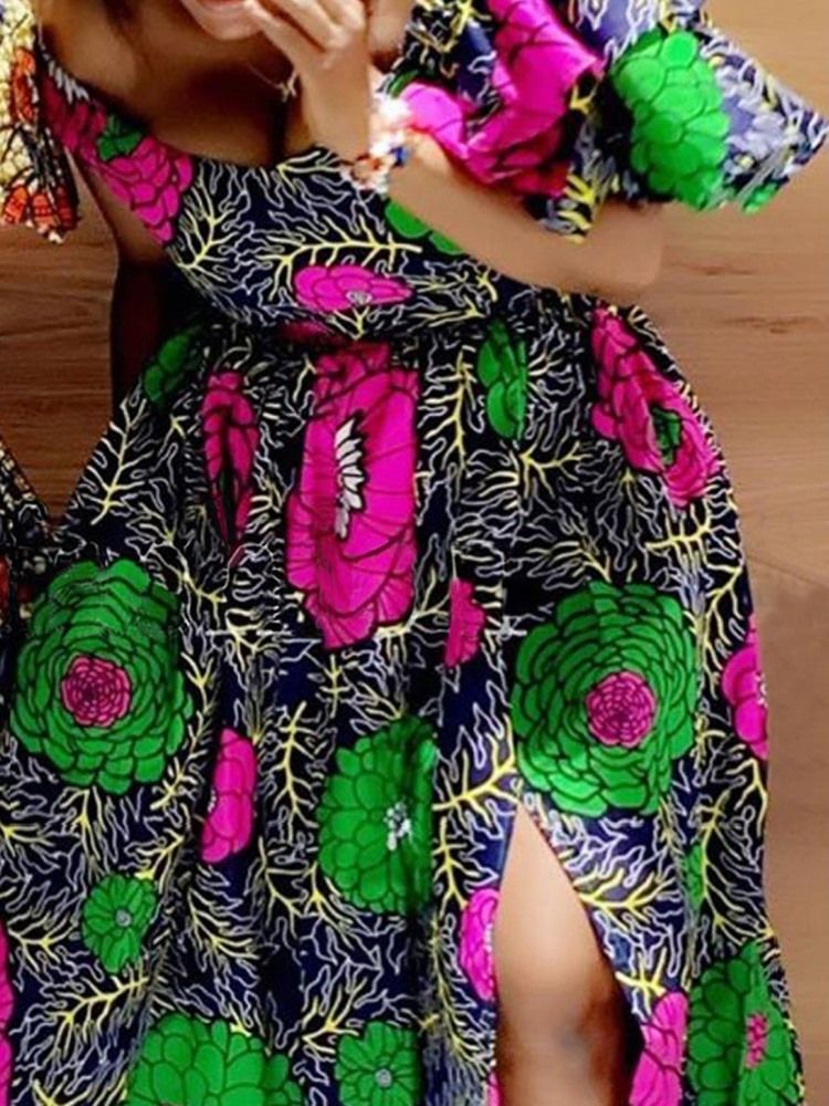 Vestido Feminino Estampado De Meia Manga Até O Chão Com Cintura Alta