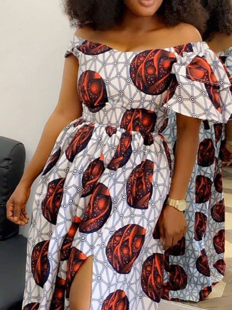 Vestido Feminino Estampado De Meia Manga Até O Chão Com Cintura Alta