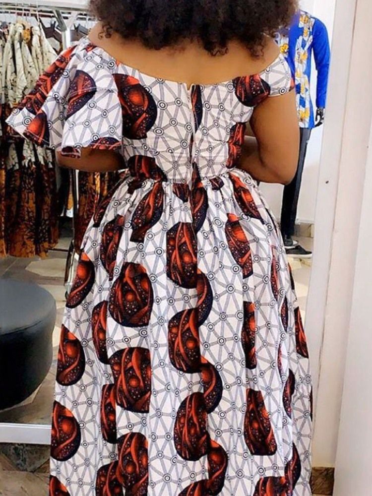 Vestido Feminino Estampado De Meia Manga Até O Chão Com Cintura Alta