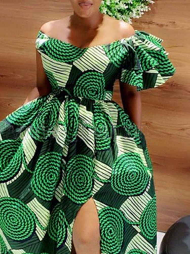 Vestido Feminino Estampado De Meia Manga Até O Chão Com Cintura Alta