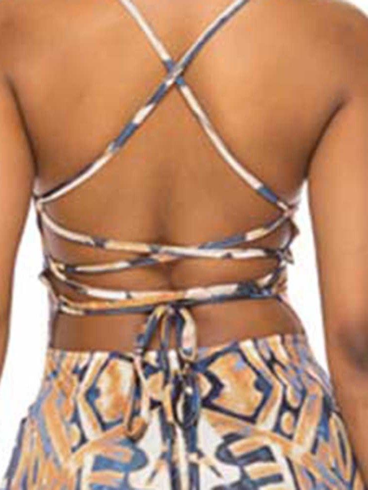 Vestido Feminino Estampado Sem Mangas Até O Chão Sem Costas Cintura Média Vestido Geométrico