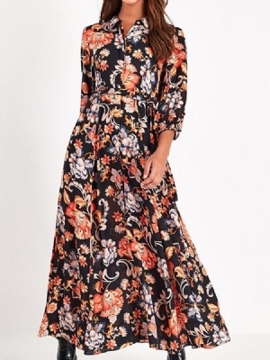 Vestido Feminino De Lapela Com Estampa De Manga Três Quartos Floral Cintura Média