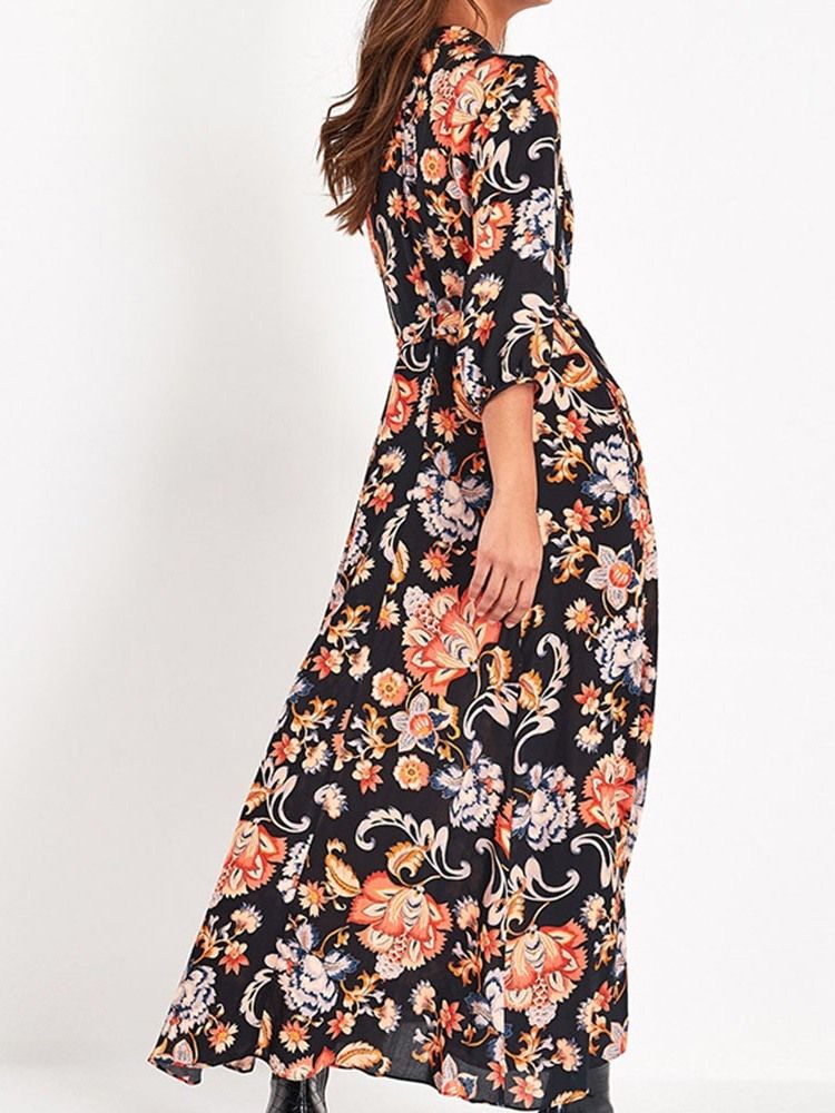 Vestido Feminino De Lapela Com Estampa De Manga Três Quartos Floral Cintura Média