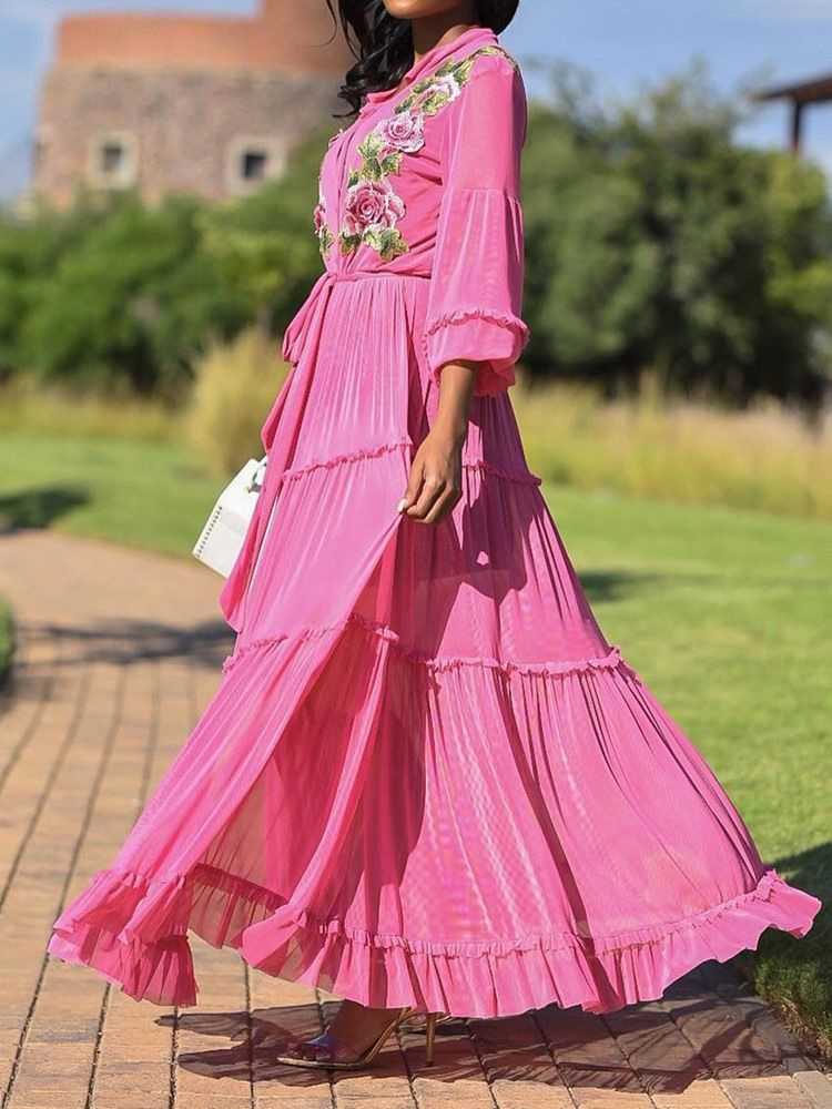 Vestido Feminino De Lapela Pregueada Até O Chão Em Linha A Floral