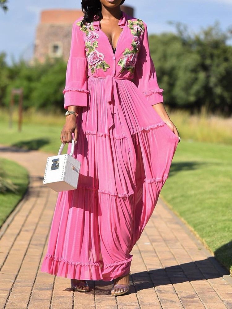 Vestido Feminino De Lapela Pregueada Até O Chão Em Linha A Floral