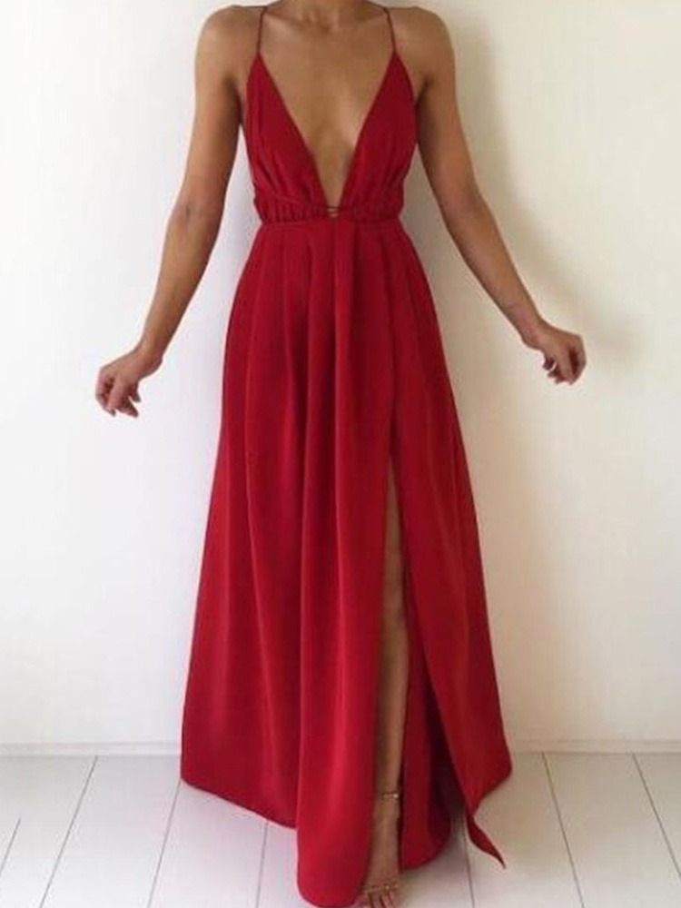 Vestido Feminino Longo Com Decote Em V E Sem Mangas Comprido