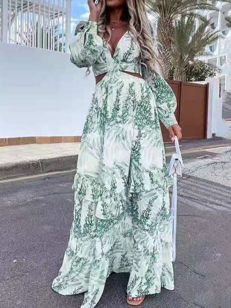 Vestido Feminino Longo Com Estampa Até O Chão E Decote Em V Regular Vegetal