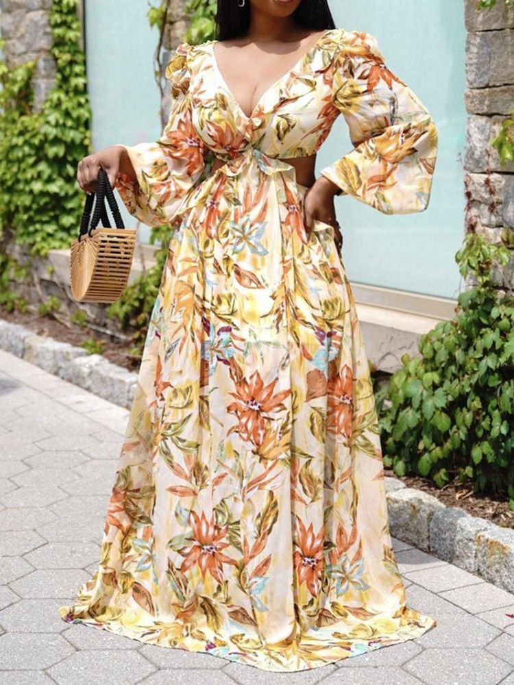 Vestido Feminino Longo Estampado Até O Chão Manga De Nove Pontos Cintura Alta Floral Maxi