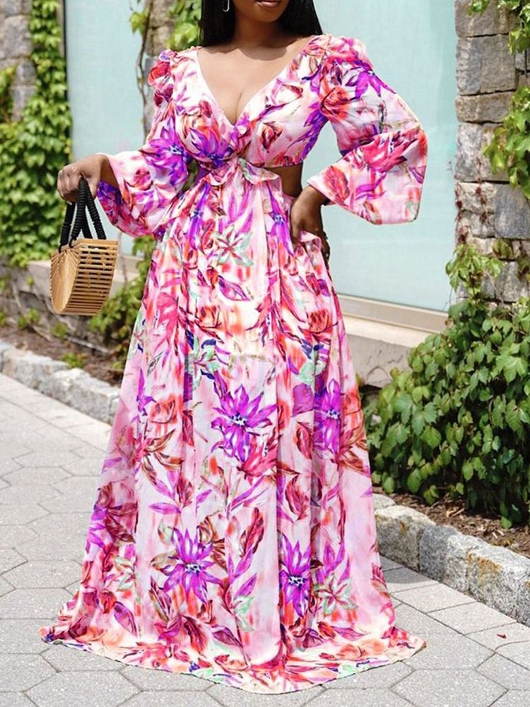 Vestido Feminino Longo Estampado Até O Chão Manga De Nove Pontos Cintura Alta Floral Maxi