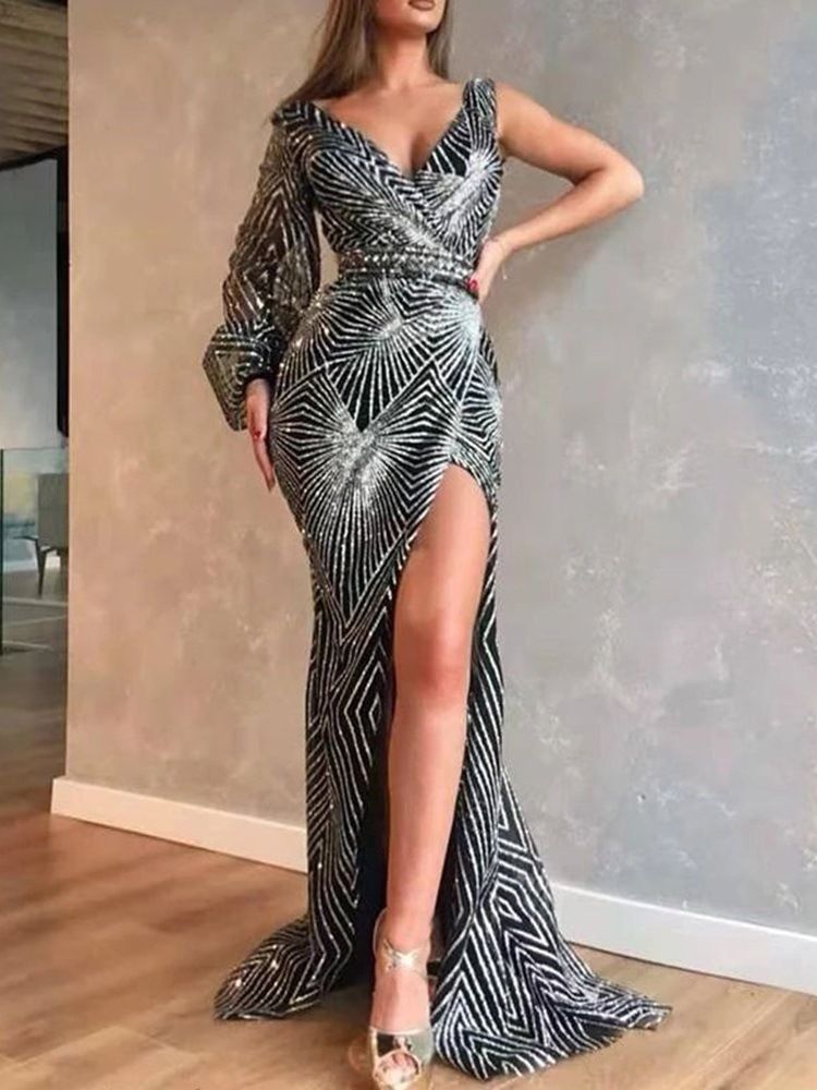 Vestido Feminino De Manga Comprida Dividida Até O Chão Bodycon