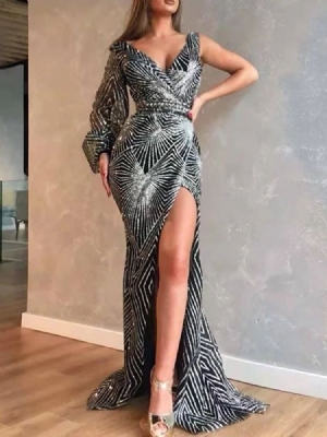 Vestido Feminino De Manga Comprida Dividida Até O Chão Bodycon