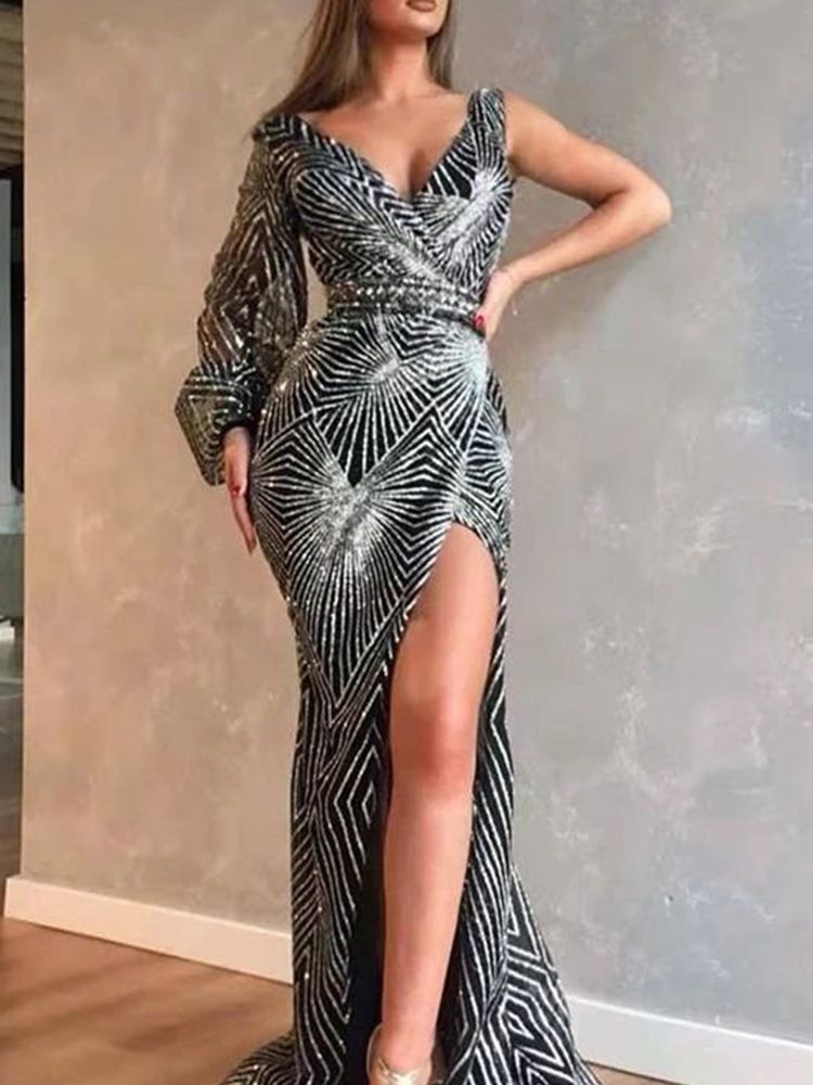 Vestido Feminino De Manga Comprida Dividida Até O Chão Bodycon