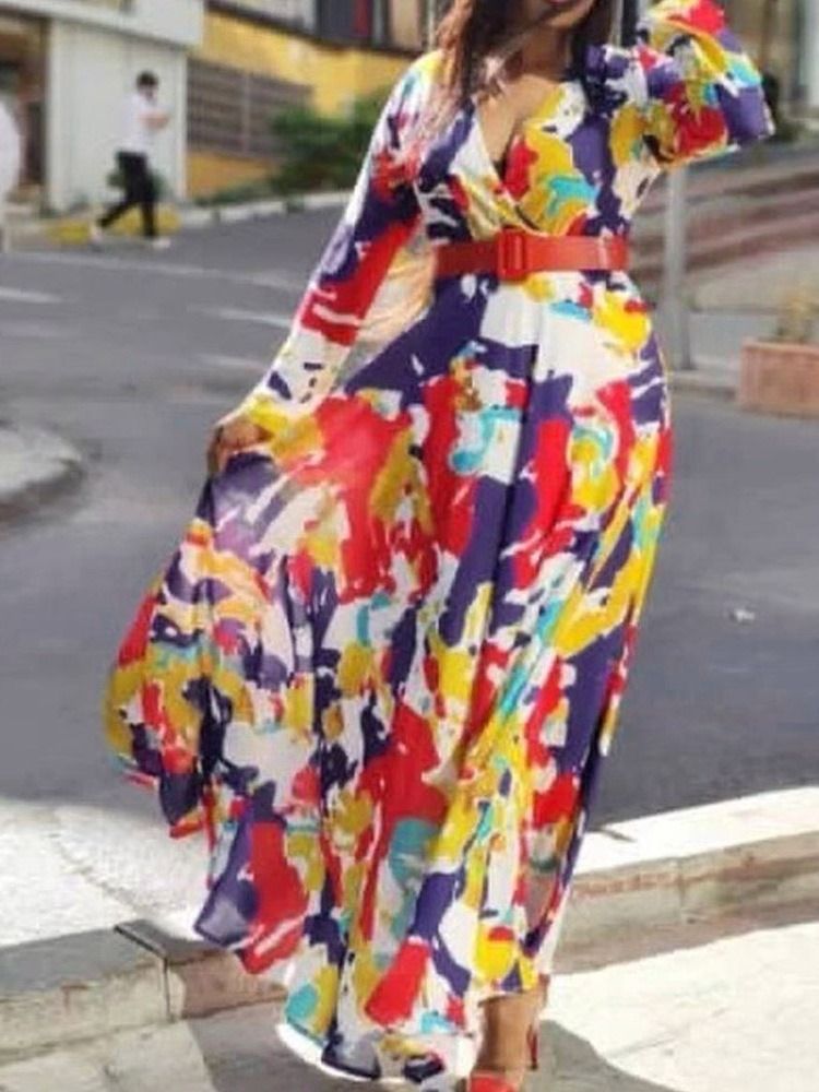 Vestido Feminino De Manga Comprida Em Patchwork Até O Chão