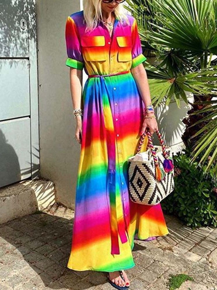 Vestido Feminino De Manga Curta Com Gola Mandarim Até O Chão E Gradiente