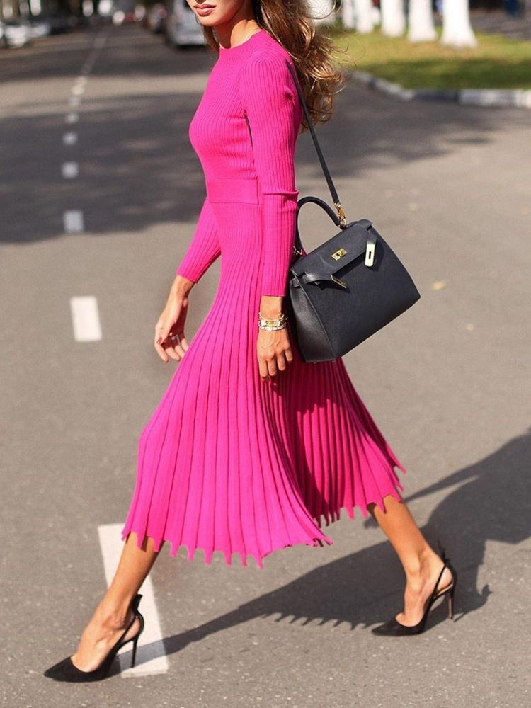 Vestido Feminino Plissado De Meia Canela De Nove Pontos Com Pulôver De Cintura Padrão