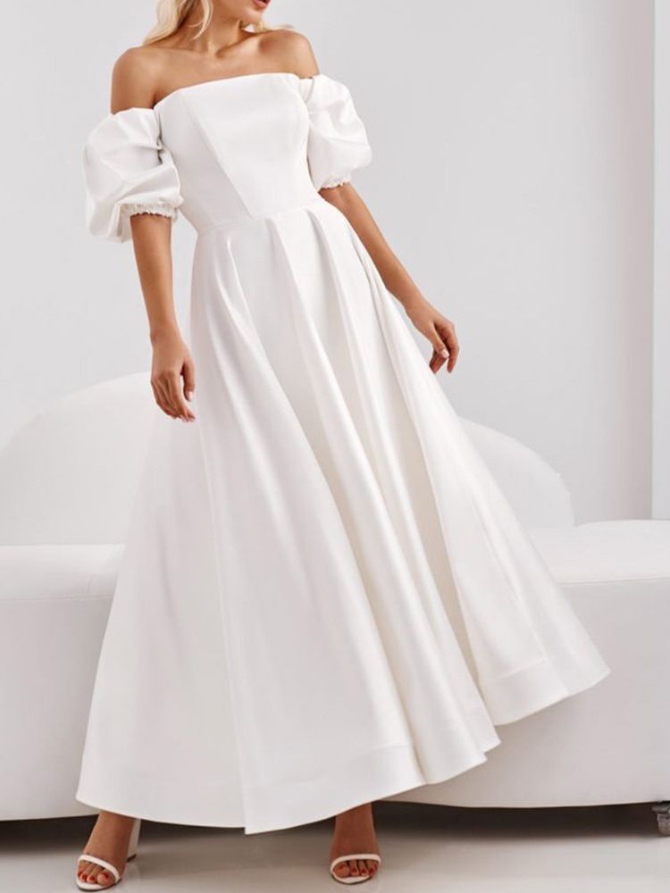 Vestido Feminino Sem Manga Meia Manga Comprimento Até O Chão Liso Maxi Branco