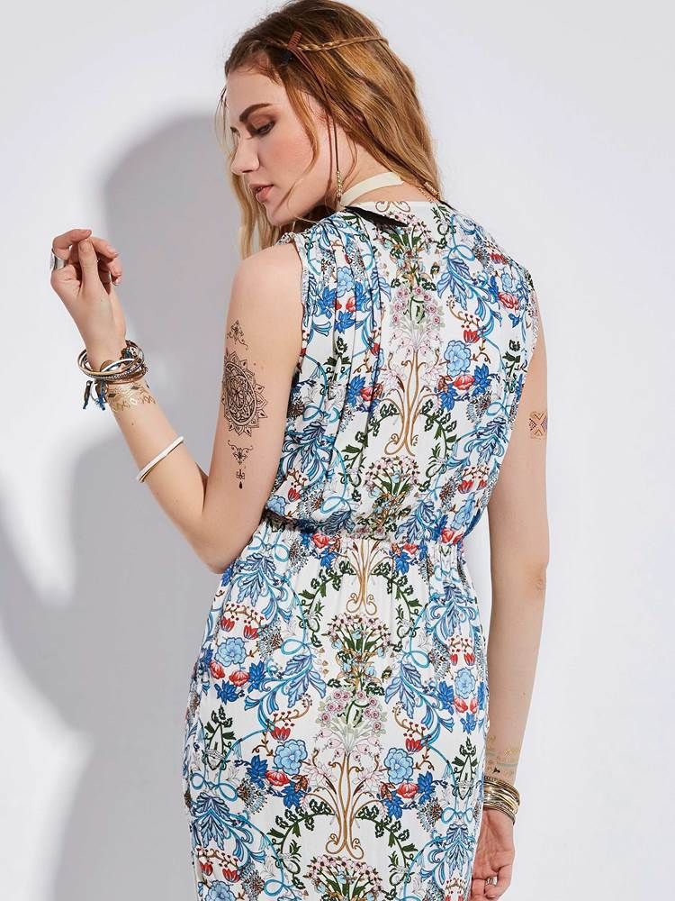 Vestido Feminino Sem Mangas Com Estampa Floral Com Decote Em V