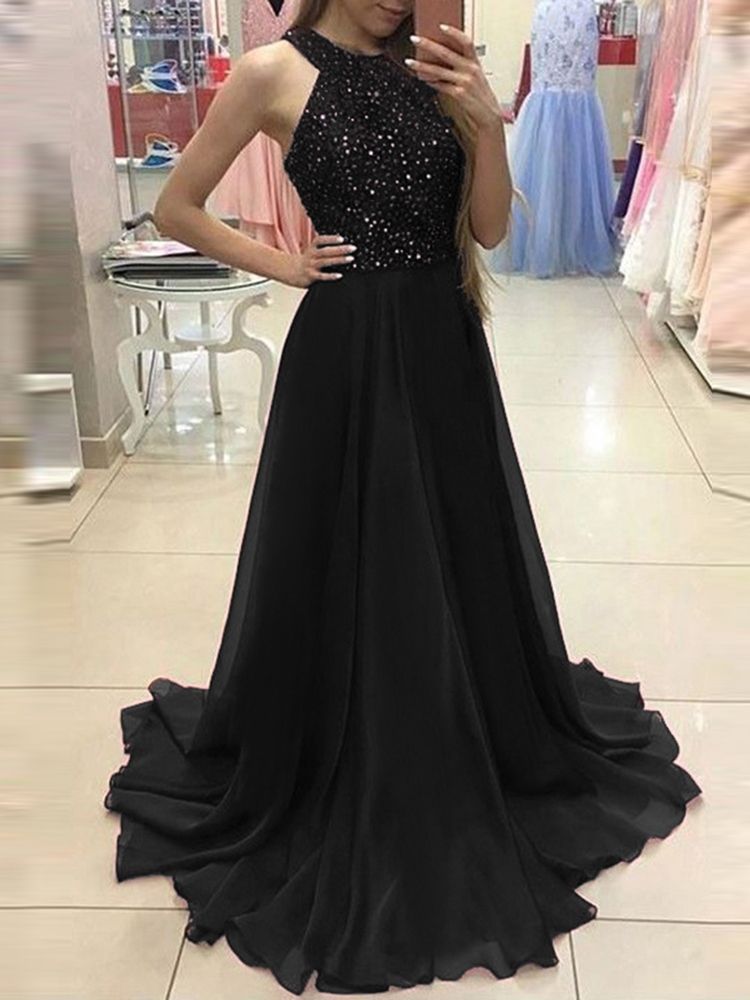 Vestido Feminino Sem Mangas De Lantejoulas Até O Chão