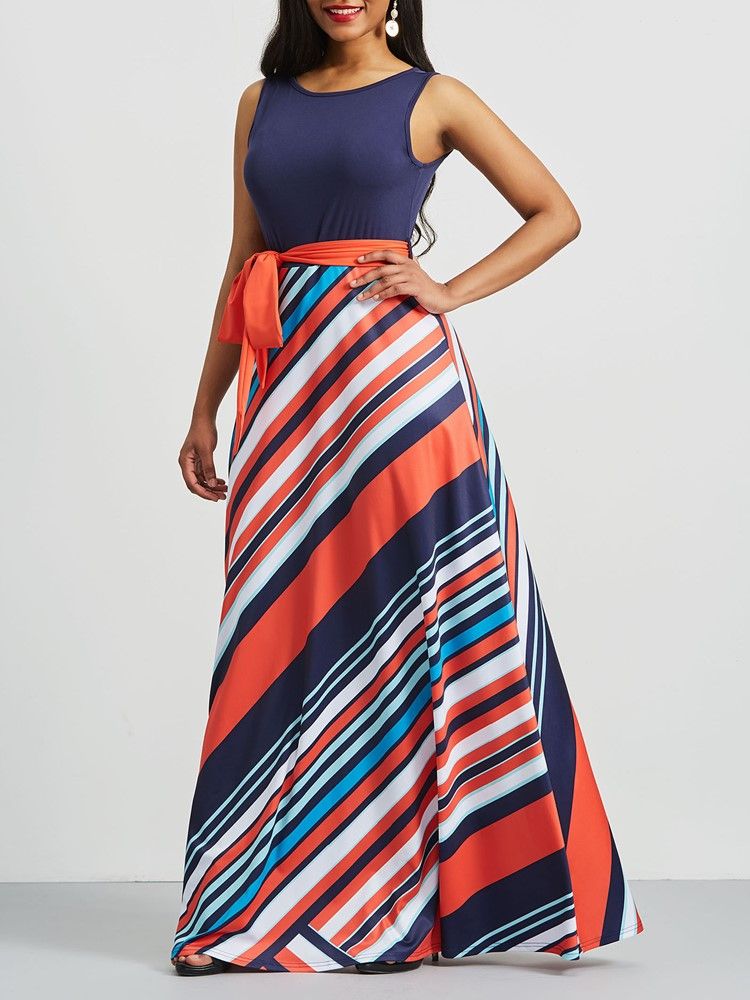 Vestido Feminino Stripe Cor Bloco Patchwork Maxi Com Cordões