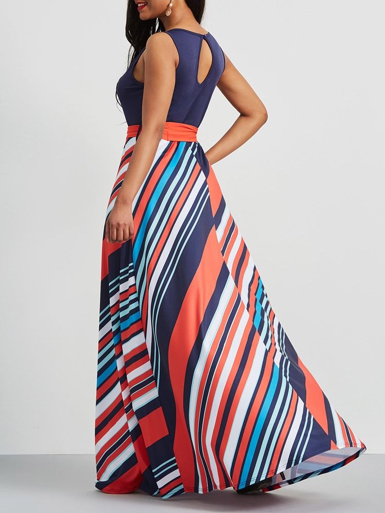 Vestido Feminino Stripe Cor Bloco Patchwork Maxi Com Cordões