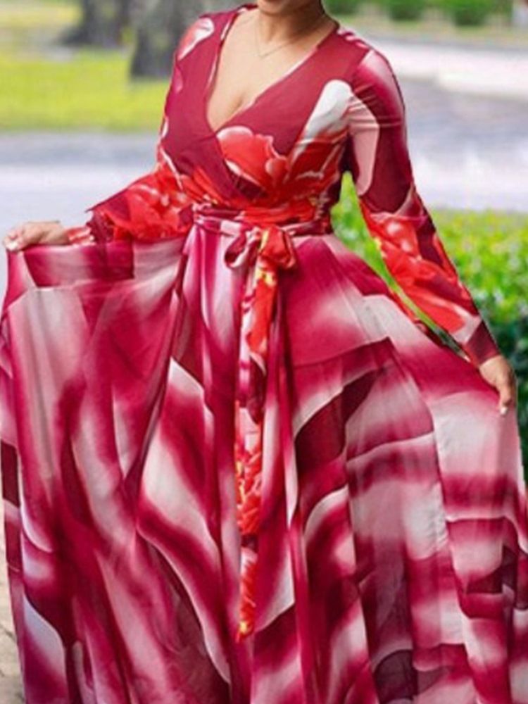 Vestido De Festa Floral De Manga Comprida Com Decote Em V Até O Chão