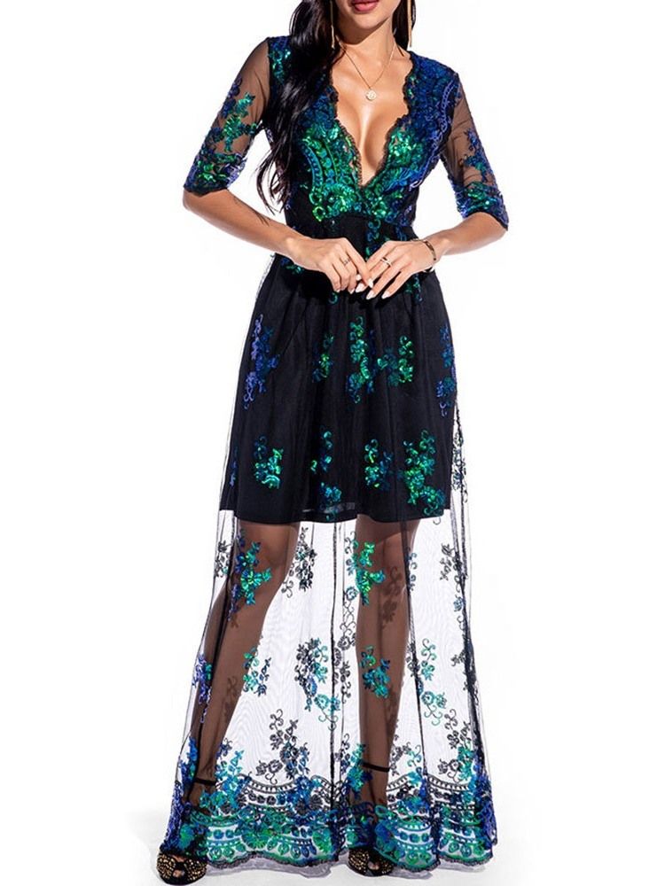 Vestido Floral Feminino Até O Chão Com Bordado De Manga Três Quartos