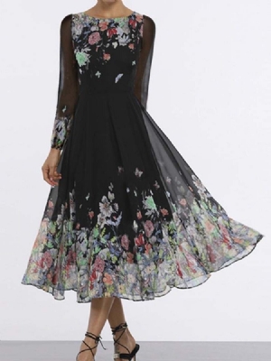 Vestido Floral Feminino Com Estampa De Manga Longa Cintura Média