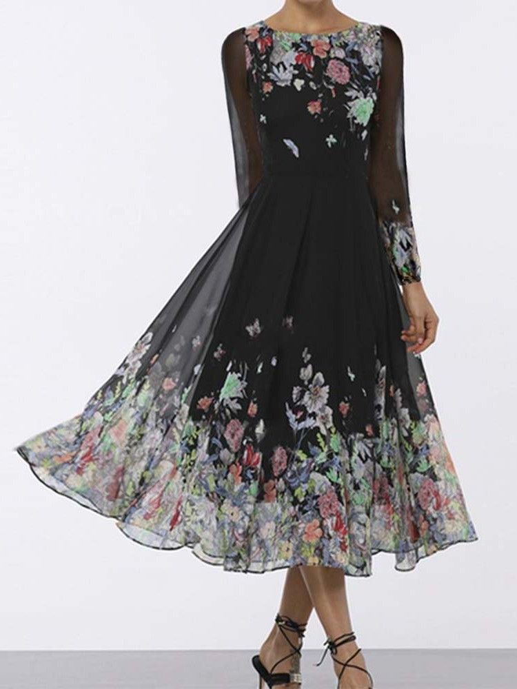 Vestido Floral Feminino Com Estampa De Manga Longa Cintura Média