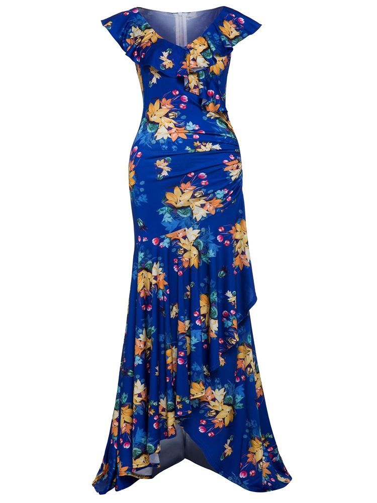 Vestido Longo Feminino Com Estampa Floral Com Decote Em V Com Babado Assimétrico