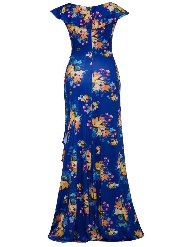 Vestido Longo Feminino Com Estampa Floral Com Decote Em V Com Babado Assimétrico