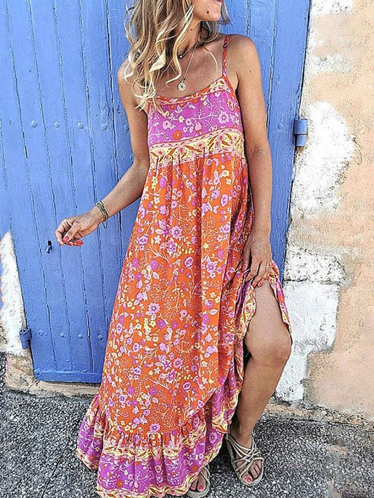 Vestido Longo Floral Com Decote Quadrado Sem Mangas Até O Chão Vestidos De Praia Para Mulheres