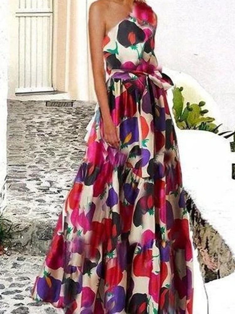 Vestido Longo Sem Mangas Com Gola Oblíqua Vestido Feminino Floral