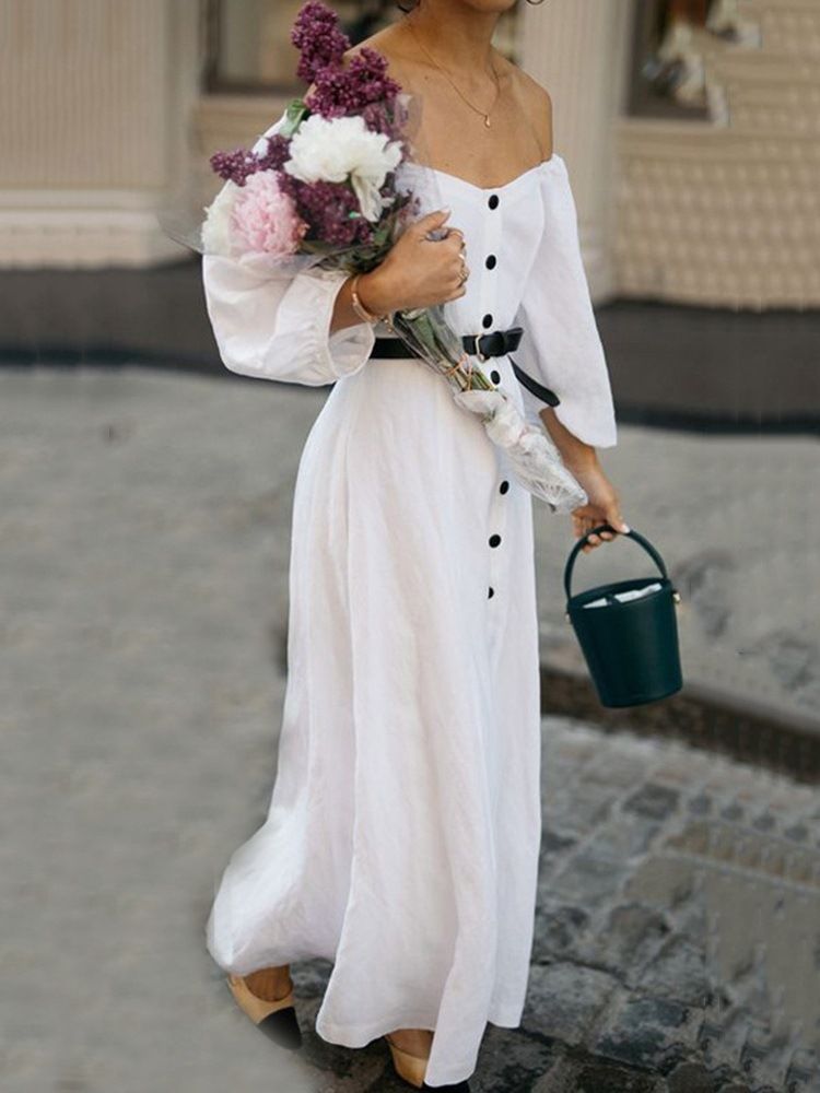 Vestido De Manga Comprida Com Botão Até O Chão Com Peito Único Liso Feminino