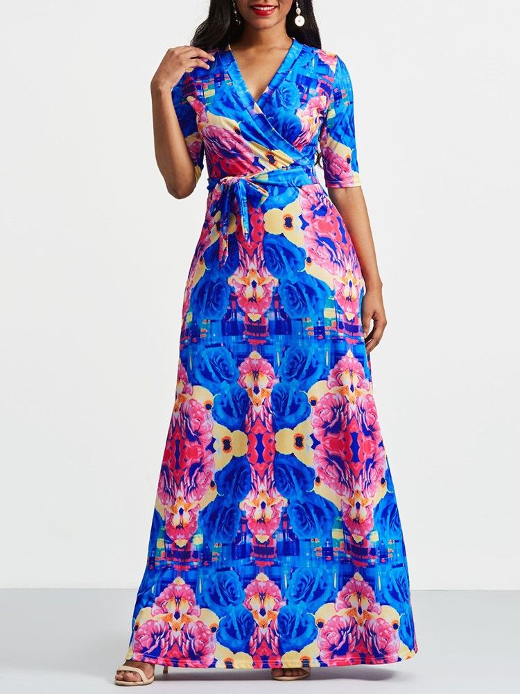 Vestido Maxi Em Bloco De Cor Floral Com Decote Em V Moda Africana