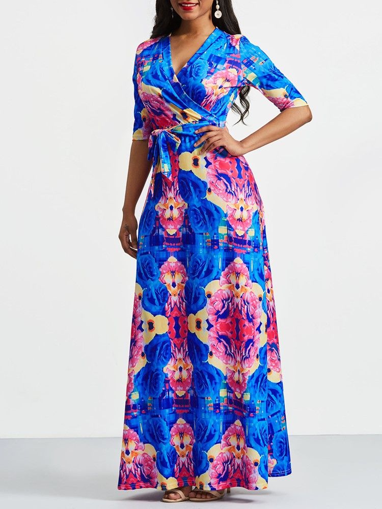 Vestido Maxi Em Bloco De Cor Floral Com Decote Em V Moda Africana