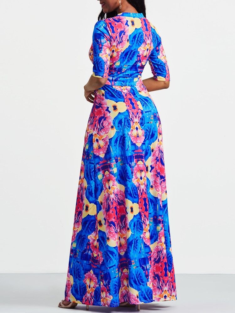 Vestido Maxi Em Bloco De Cor Floral Com Decote Em V Moda Africana