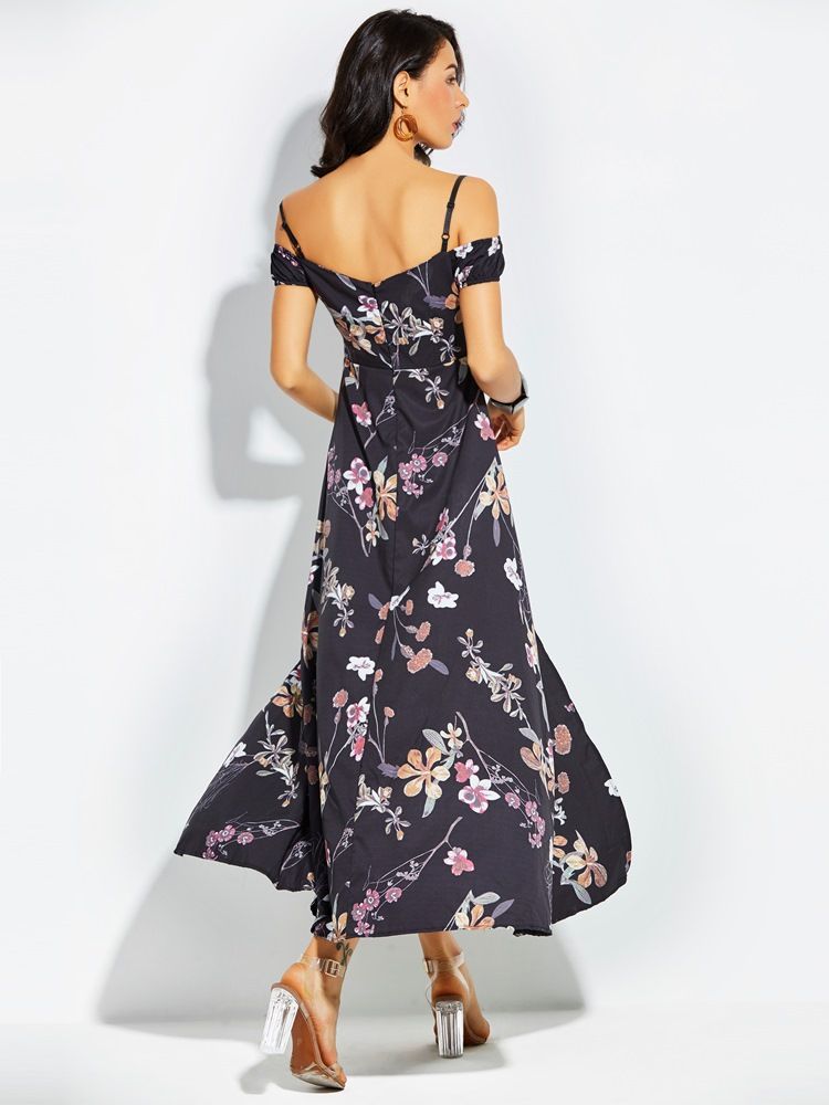 Vestido Maxi Feminino Com Alça Espaguete Estampado Sem Costas