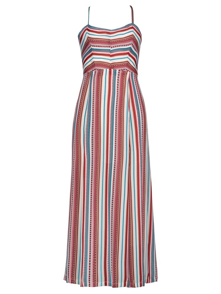 Vestido Maxi Feminino Cor Block Stripe Backless Vacation