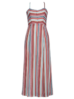 Vestido Maxi Feminino Cor Block Stripe Backless Vacation