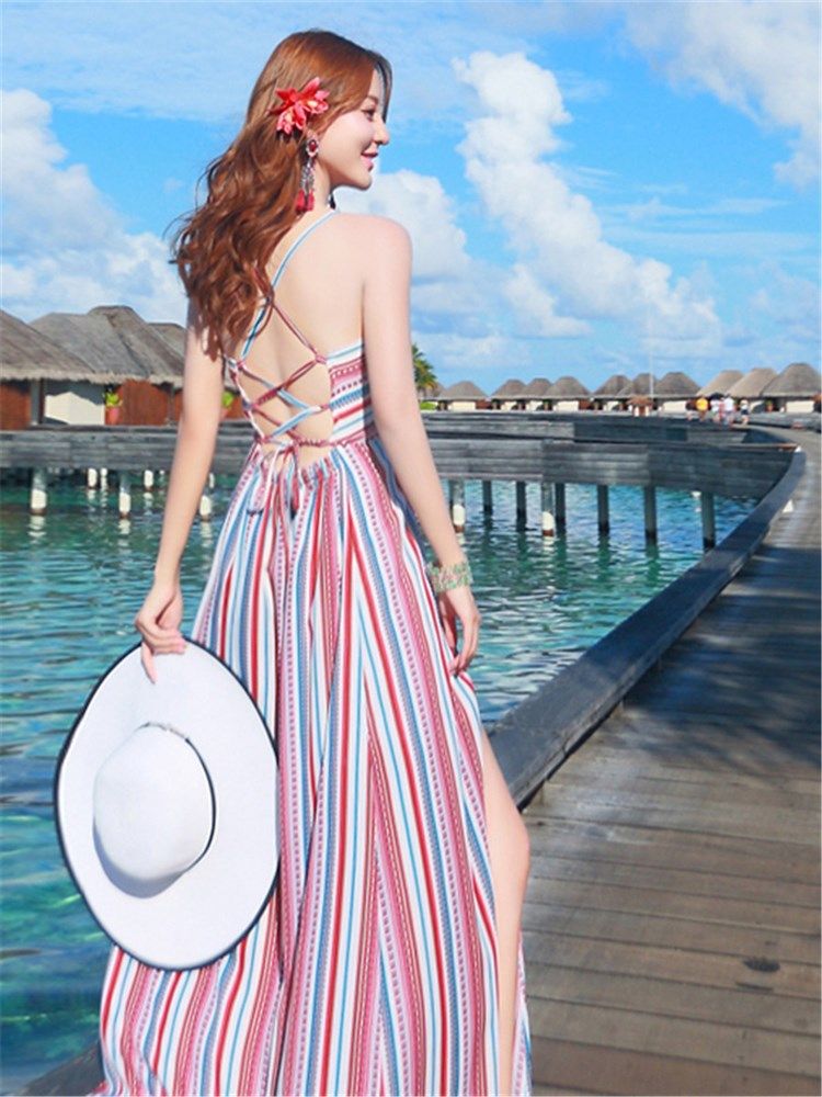 Vestido Maxi Feminino Cor Block Stripe Backless Vacation