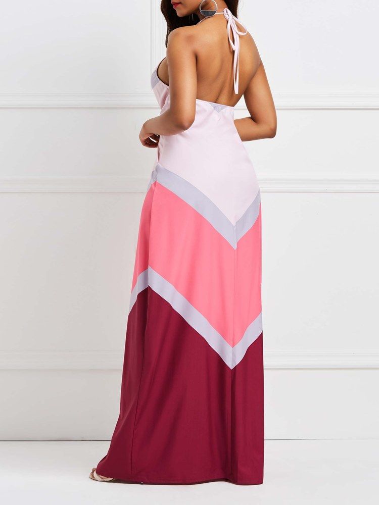 Vestido Maxi Feminino Rosa Sem Encosto Geométrico