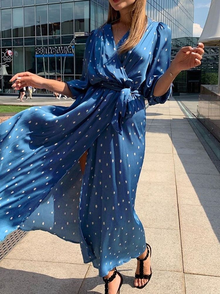 Vestido De Praia Às Bolinhas Com Renda Na Altura Do Tornozelo Manga Três Quartos Vestidos De Praia Para Mulheres