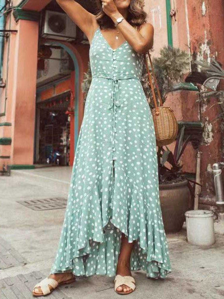 Vestido De Verão Assimétrico Feminino Com Bolinhas Até O Chão Sem Mangas Com Decote Em V