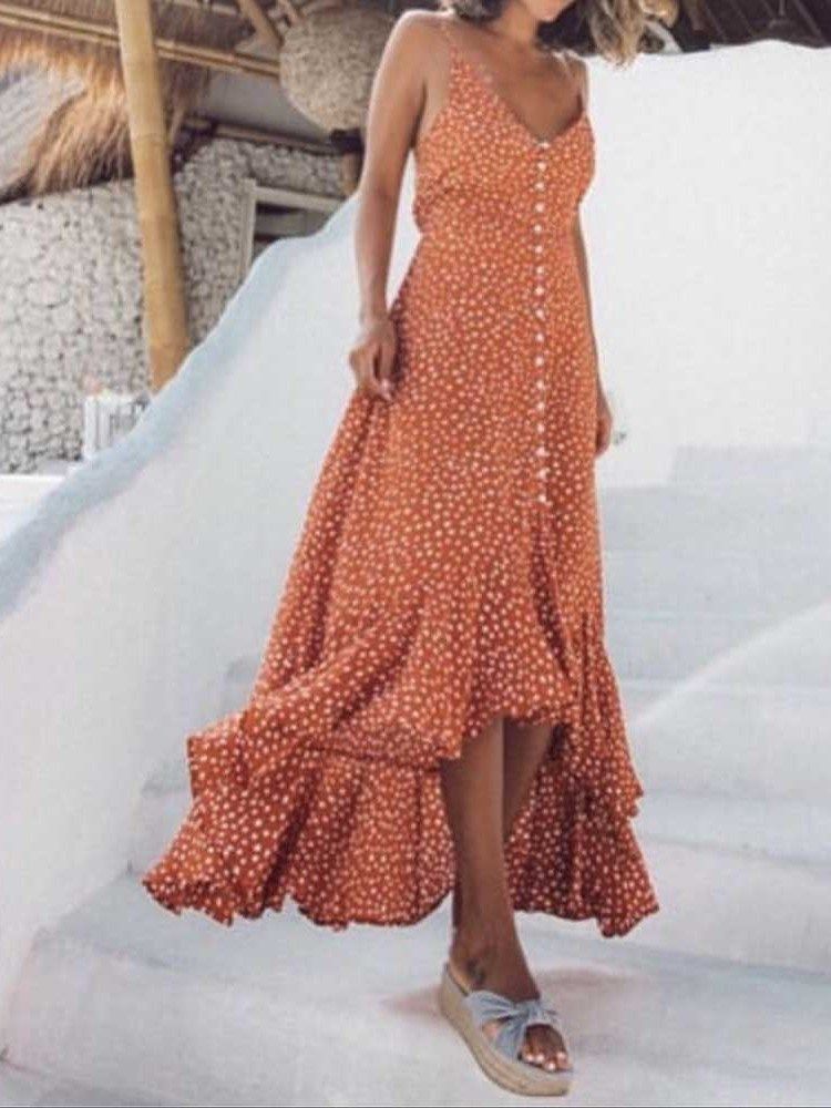 Vestido De Verão Assimétrico Feminino Com Bolinhas Até O Chão Sem Mangas Com Decote Em V