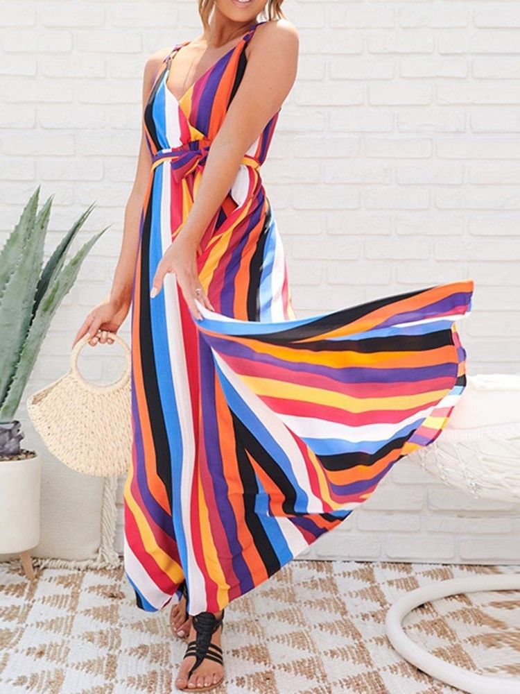 Vestido De Verão Feminino Listrado Com Extensão Até O Tornozelo E Decote Em V